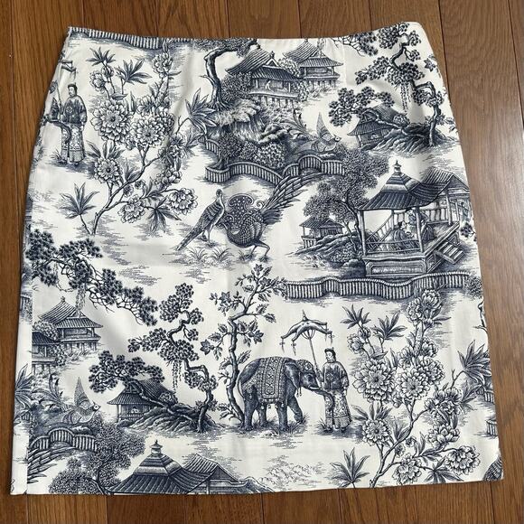 Lauren Dresses & Skirts - VTG Ralph Lauren Skirt White & Blue Asian Garden Toile Elephant Print size 12